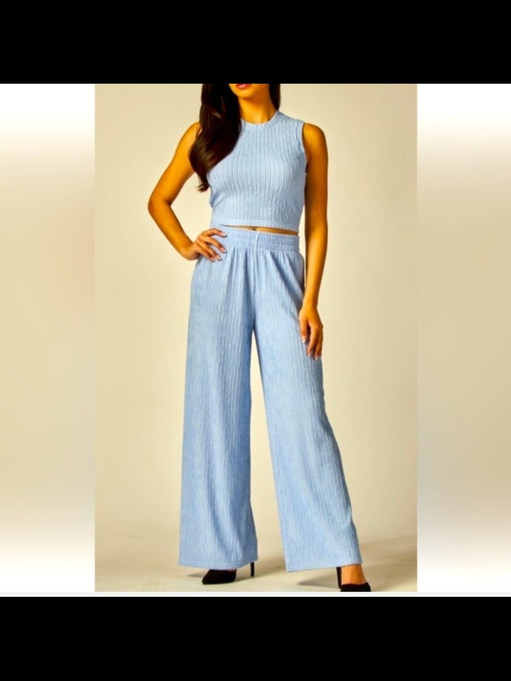 Matching Set Wide Leg Ribbed Knit Pants - Light Blue - Picture 2 of 10